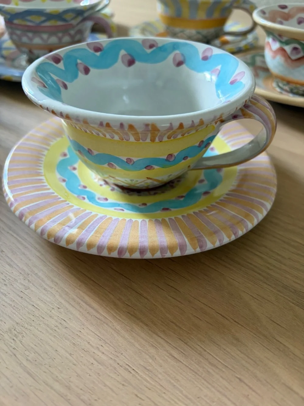 Mackenzie Childs Vintage Coffee Cup, Saucer, Creamer and Sugar Jar Set